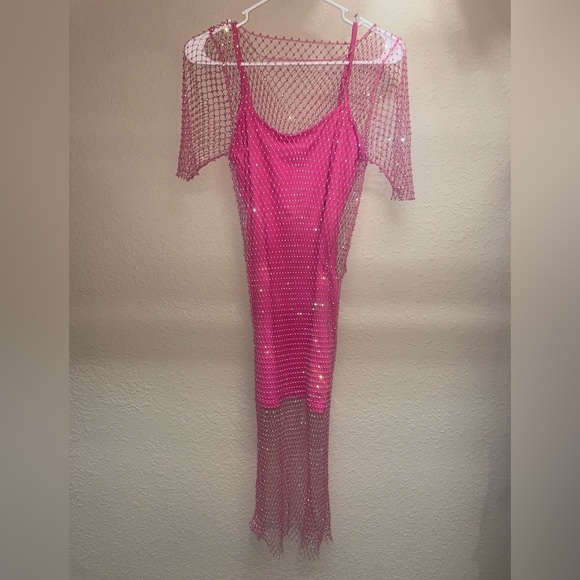 Revolve endless rose hot pink sequin fishnet bodycon mini dress - Picture 3 of 5